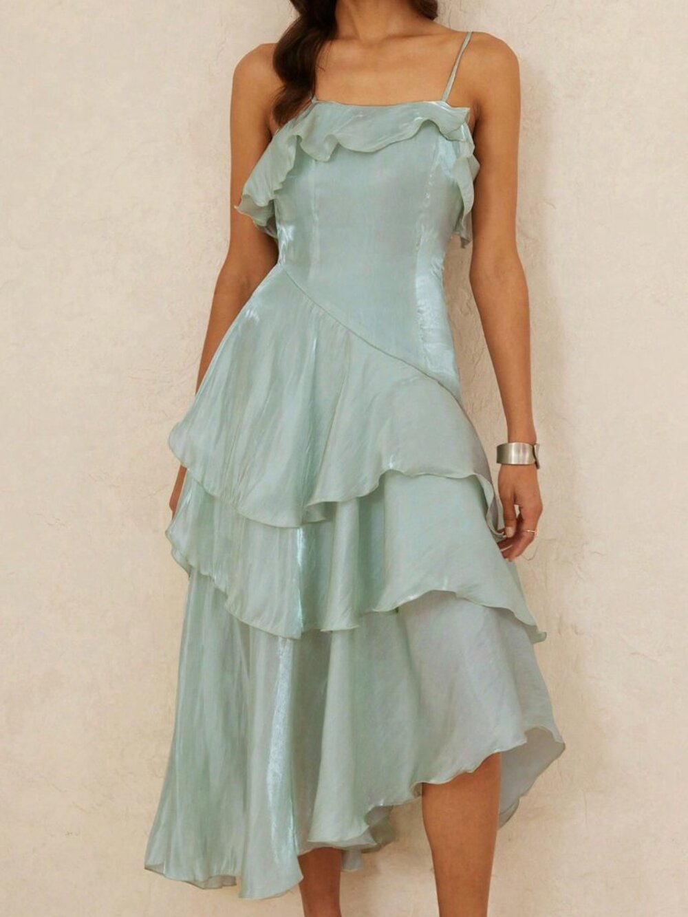 Cadet Blue Romantic Women's Asymmetrical Ruffle Trim Camisole Dress - Picture 4 of 7